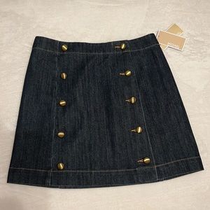 NWT Michael Kors Dark Wash Denim Skirt with Vintage Gold Style Buttons in front